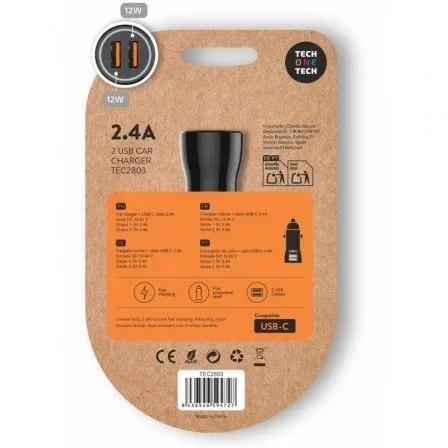 Tech One Tech TEC2803 Cargador de Coche 2xUSB-A con Cable USB-C de 1m, Negro Tech One Tech TEC2803 Cargador de Coche 2xUSB-A con Cable USB-C de 1m, Negro
